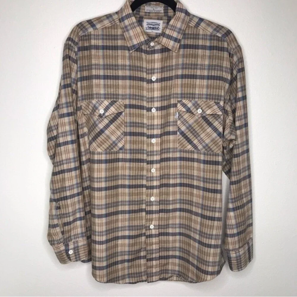 Vintage 1970s Levis Big E Tan Brown Plaid Button Front Long Sleeve Mens Large